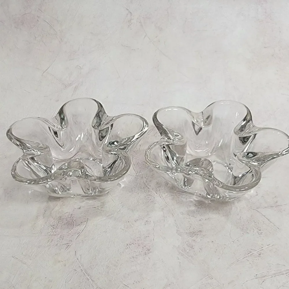 2 VTG Clear Tiffin Neodymium Flower 5 Lobe Heavy‎ Art Glass Bowl Candle Holder